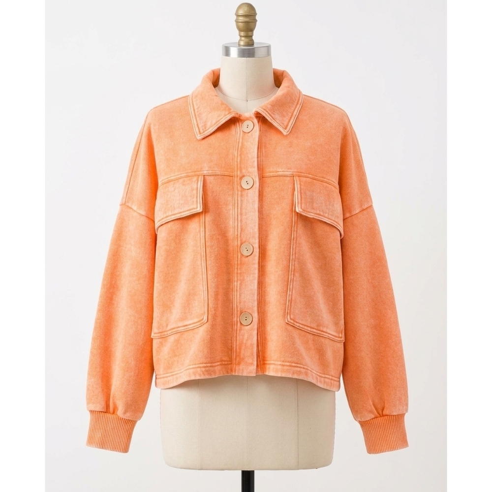 NEW ZENANA acid wash fleece cropped shacket with front pockets in light orange